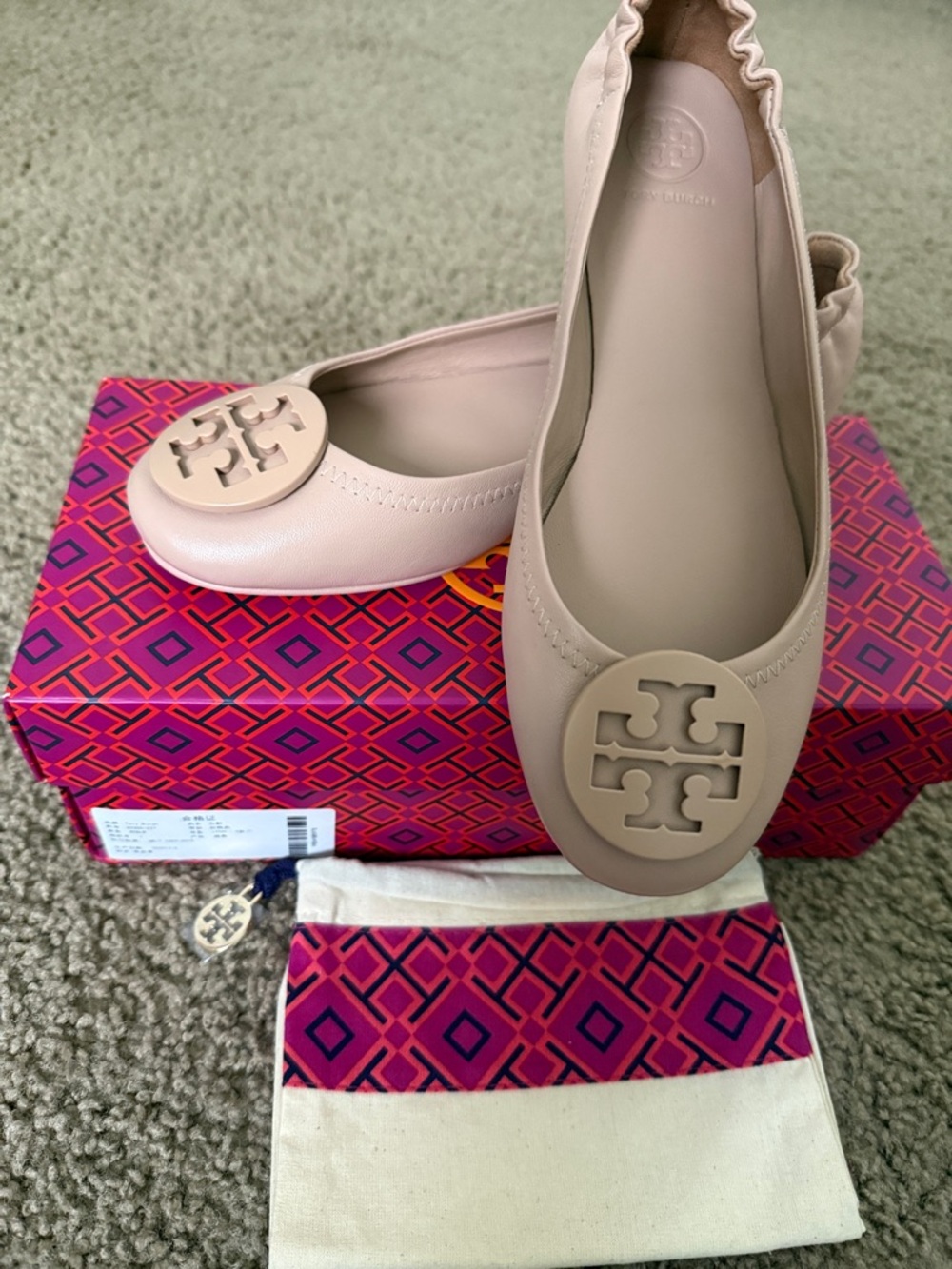 Tory Burch Blush Pink Logo Round-Toe Ballet Flats